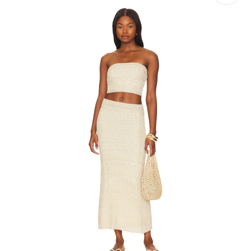 Crochet Beige Shimmer Strapless Top and Maxi Skirt Set